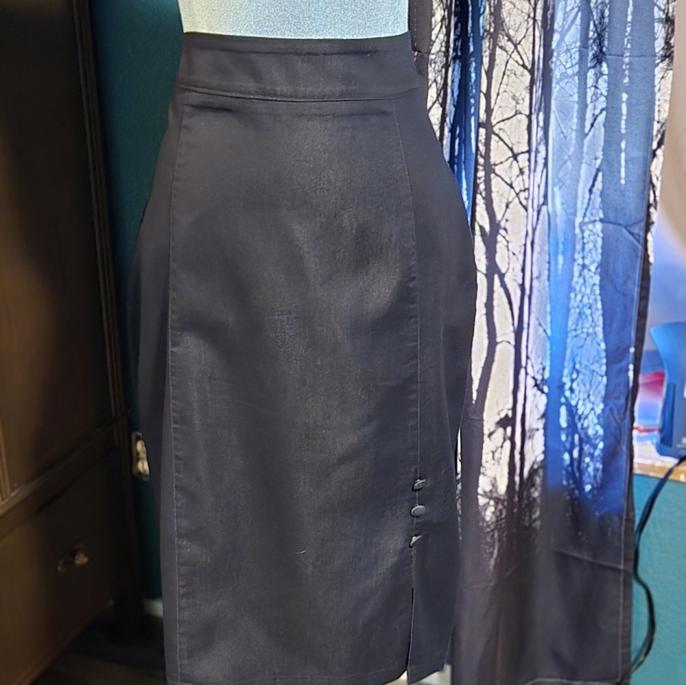 RockSteady Dark Jean High-Waist Pencil Skirt with Side Button Slit